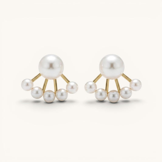 TITLIYA gold-plated needle earrings featuring a fan-shaped design with multiple lustrous white pearls.