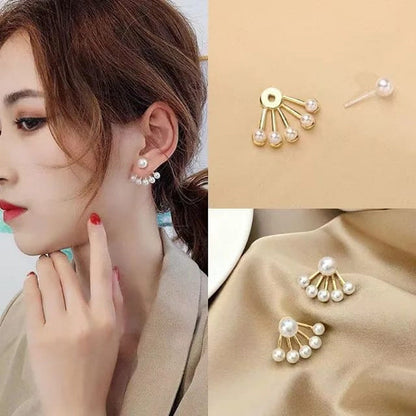TITLIYA gold plated needle earrings featuring a fan-shaped design with white pearls, worn by a model.