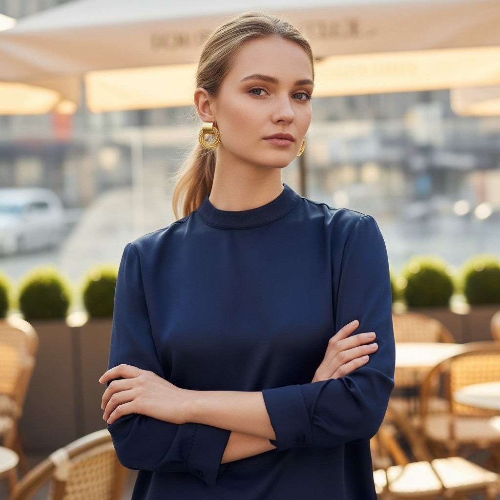 Woman wearing TITLIYA gold-plated spiral earrings with a navy blue blouse in an outdoor cafe setting.