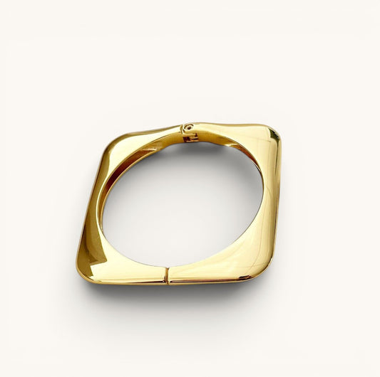 TITLIYA gold-plated square geometric bangle bracelet with a polished high-shine finish and seamless hinge closure.