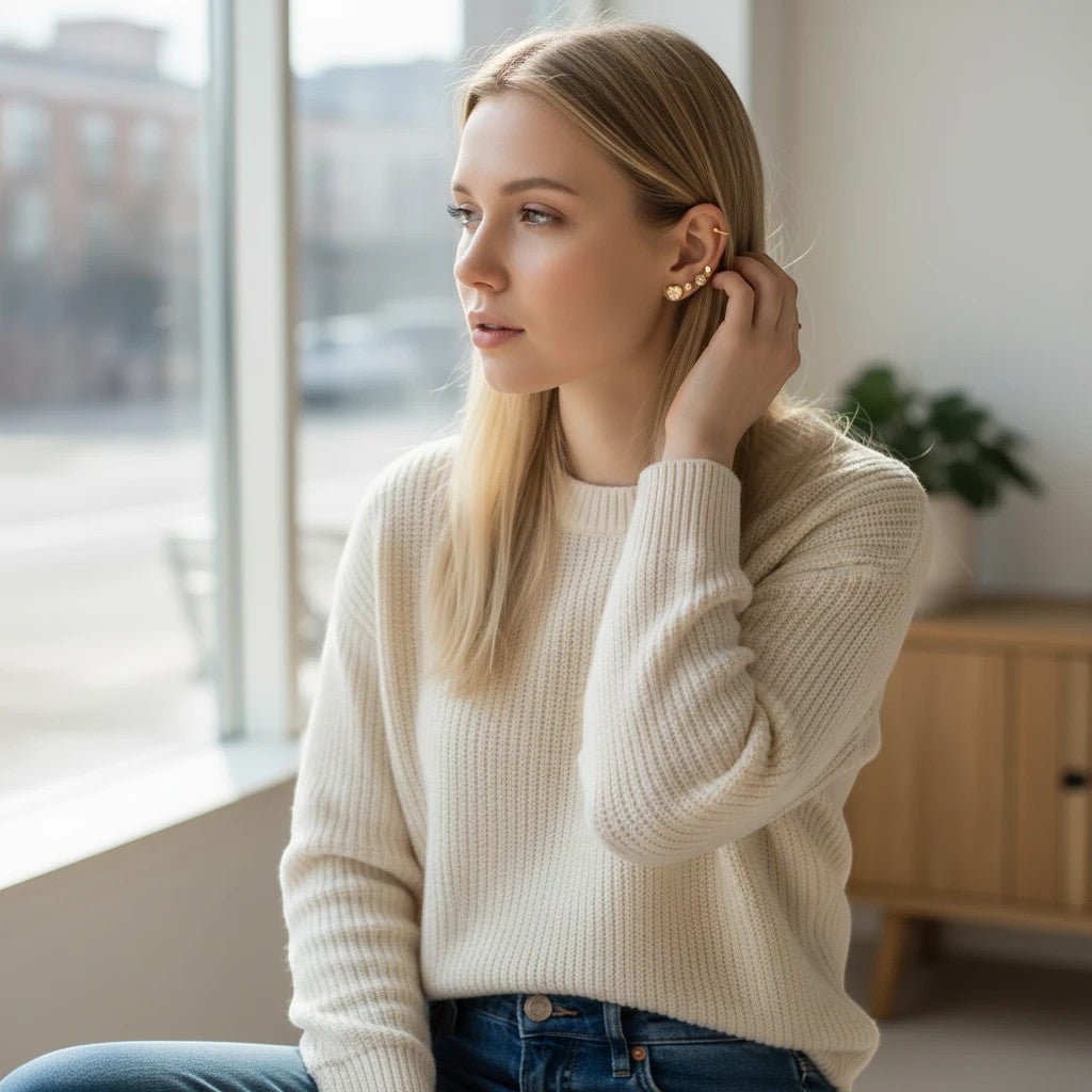 A woman wearing a TITLIYA set of 12 gold stud earrings, styled for everyday elegance in a cozy indoor setting.