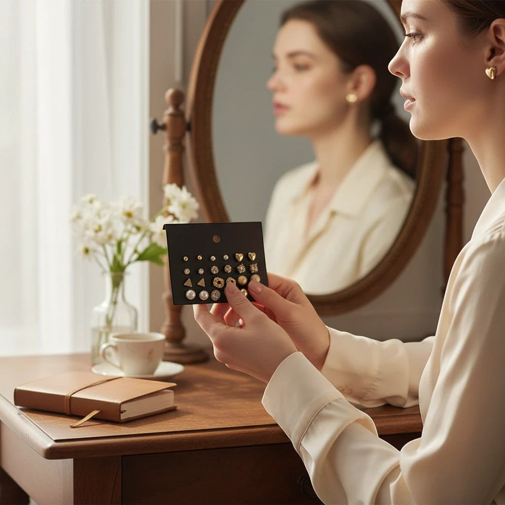 Woman holding a TITLIYA set of 12 gold stud earrings featuring various shapes and pearl accents at a vanity mirror.