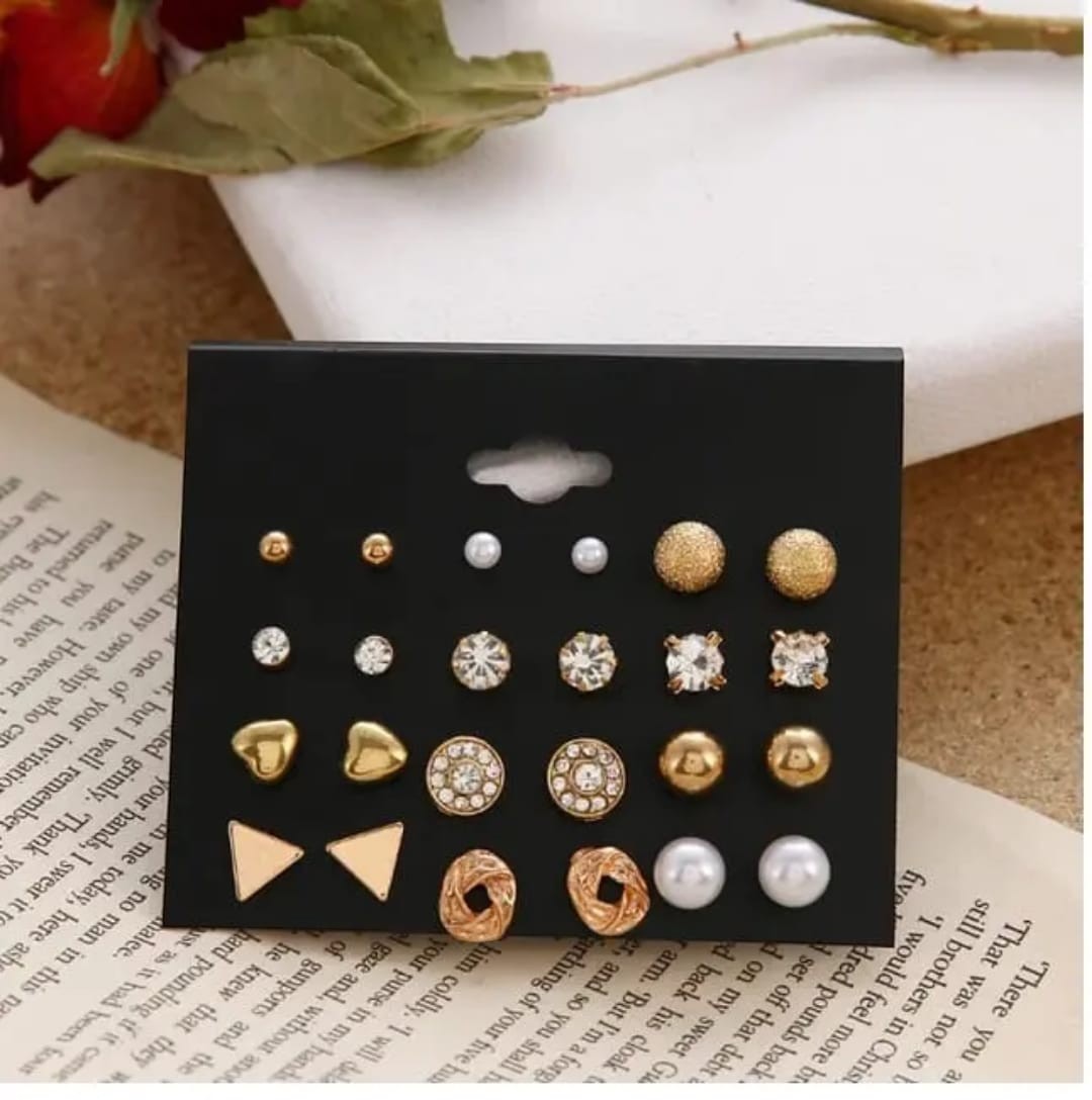 TITLIYA set of 12 gold-toned stud earrings featuring pearls, crystals, and geometric designs for daily wear.