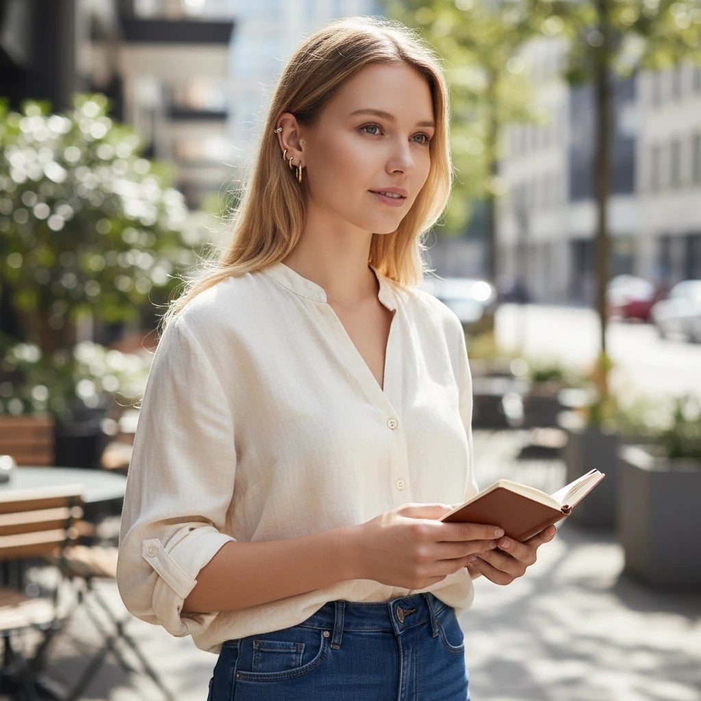 Woman wearing TITLIYA gold stud earrings while reading a book outdoors in a casual white shirt and jeans.