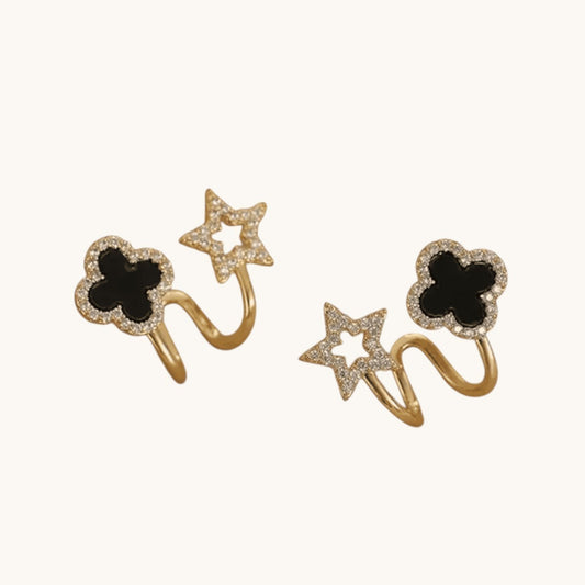TITLIYA golden earrings featuring a black clover and crystal-studded star design for elegant everyday wear.