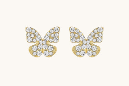 TITLIYA golden butterfly stud earrings featuring a textured finish and sparkling diamond dust accents.