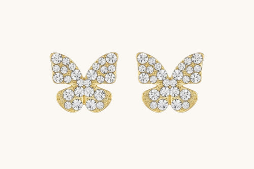 TITLIYA golden butterfly stud earrings featuring a textured finish and sparkling diamond dust accents.