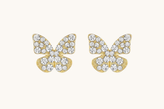 TITLIYA golden butterfly stud earrings featuring a textured finish and sparkling diamond dust accents.