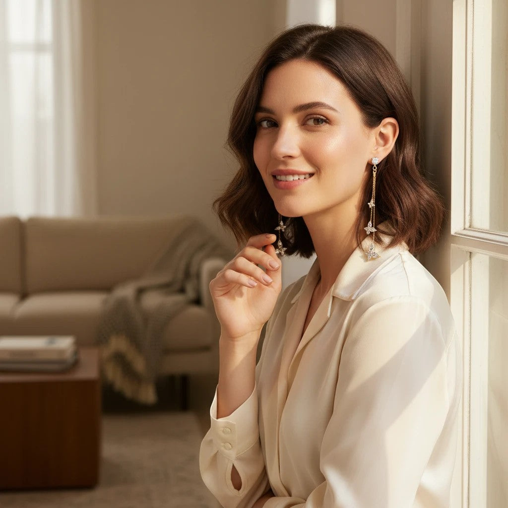 Woman wearing TITLIYA golden butterfly tassel drop earrings with crystal accents in a soft, elegant indoor setting.
