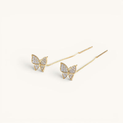 TITLIYA golden butterfly threader earrings with sparkling pave crystals in a minimalist Korean style.