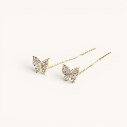 TITLIYA golden butterfly threader earrings with sparkling pave crystals in a minimalist Korean style.
