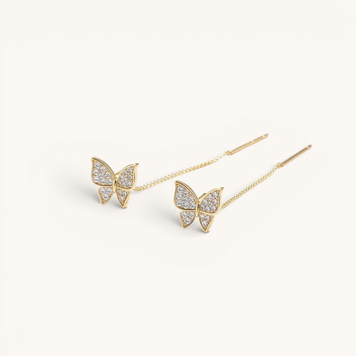 TITLIYA golden butterfly threader earrings with sparkling pave crystals in a minimalist Korean style.
