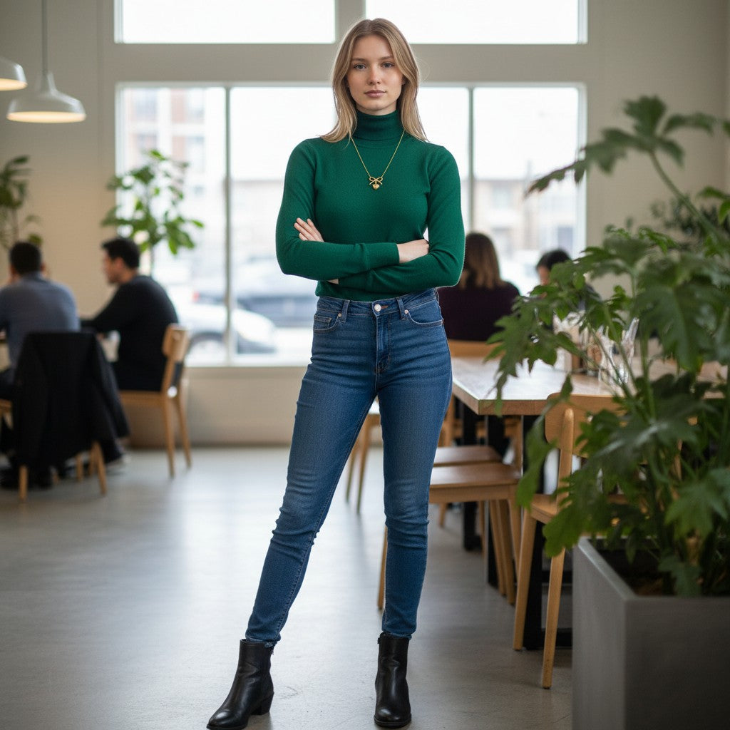 Woman wearing a TITLIYA golden heart bow pendant necklace with a green turtleneck in a modern cafe setting.