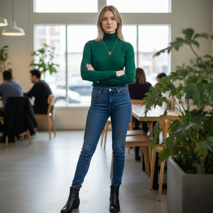 Woman wearing a TITLIYA golden heart bow pendant necklace with a green turtleneck in a modern cafe setting.