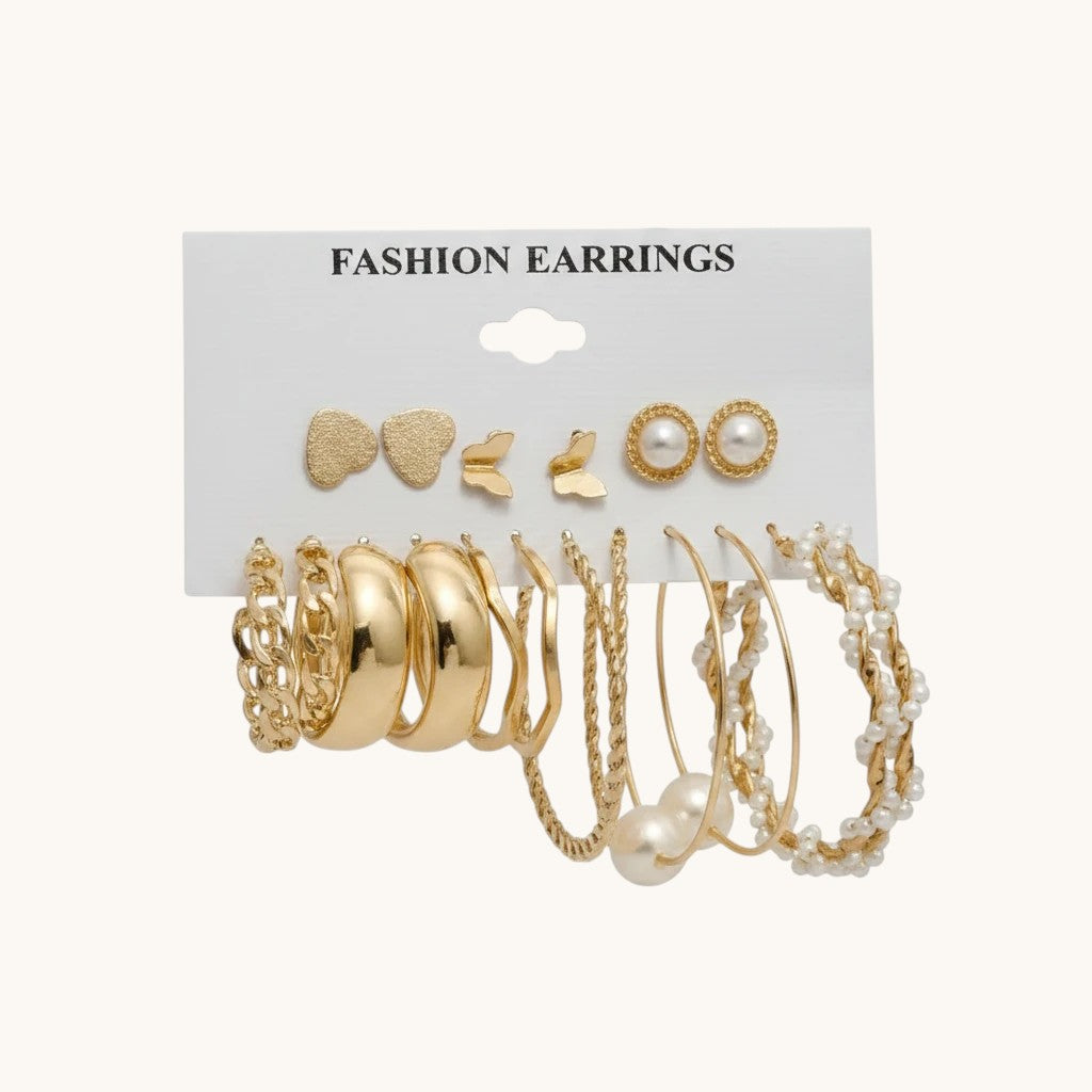 TITLIYA set of 9 golden Korean earrings featuring hoops, studs, pearls, and butterfly designs for daily wear.