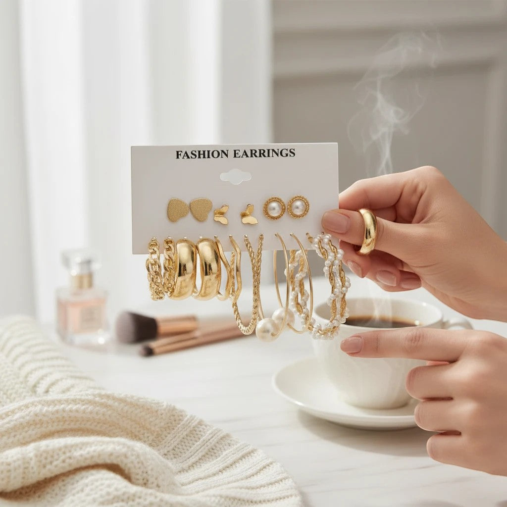 TITLIYA set of 9 golden Korean earrings featuring hoops, studs, and pearl accents held by a hand near a coffee cup.