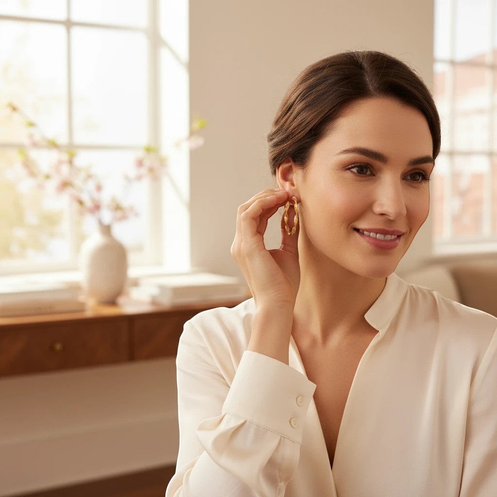 Woman wearing elegant golden round hoop earrings from TITLIYA, styled for daily wear in a bright indoor setting.