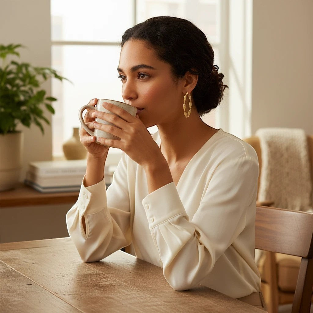 Woman wearing elegant TITLIYA golden round textured hoop earrings while drinking coffee in a bright home setting.