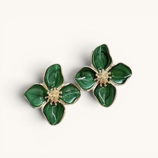 TITLIYA green flower stud earrings with gold-tone centers, elegant floral design for daily wear or gifting.
