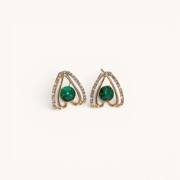 TITLIYA elegant gold-tone stud earrings featuring a round green stone surrounded by sparkling crystal accents.