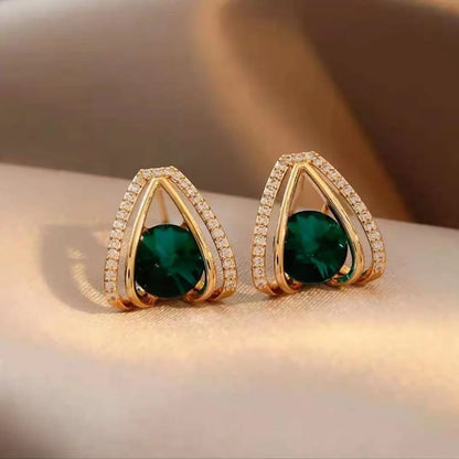 TITLIYA elegant gold-tone stud earrings featuring a round green stone framed by sparkling crystal accents.