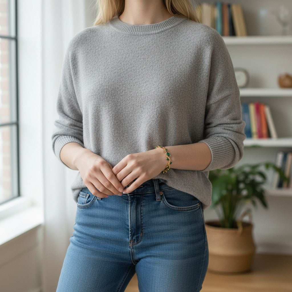 Woman wearing a TITLIYA gold-tone tulip bracelet with green stones, styled with a grey sweater and blue jeans.