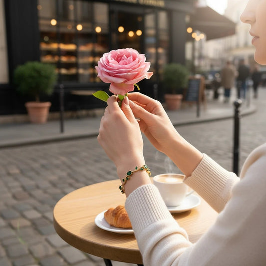 TITLIYA gold-tone vine bracelet with green oval stones worn by a woman holding a pink rose at a cafe table.
