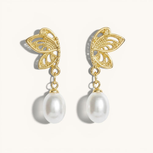 TITLIYA gold-tone half butterfly stud earrings with elegant dangling white pearls for a chic, premium look.