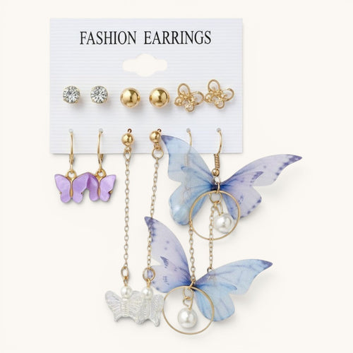 TITLIYA set of 6 Korean butterfly drop earrings featuring purple and blue fabric wings, pearls, and gold-tone chains.