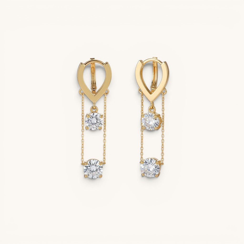 TITLIYA Korean diamond hanging earrings in gold with dual dangling clear stones on delicate chains for elegant wear.