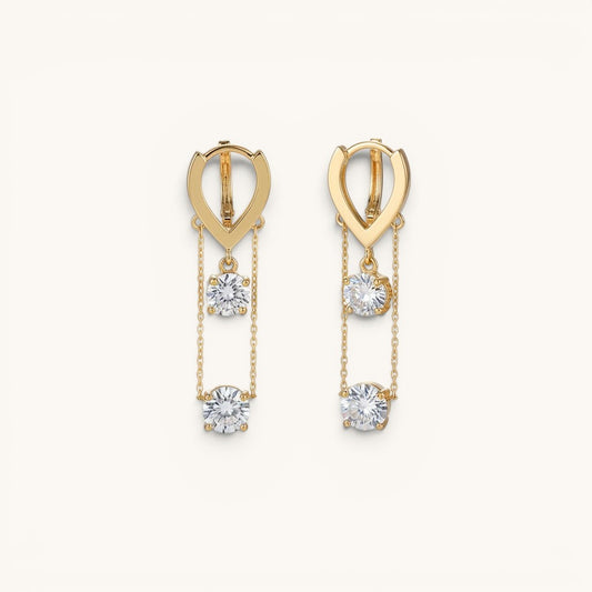 TITLIYA Korean diamond hanging earrings in gold with dual dangling clear stones on delicate chains for elegant wear.