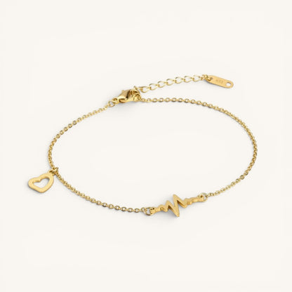 TITLIYA gold-tone adjustable 2-in-1 bracelet and anklet featuring a heartbeat motif and a delicate open-heart charm.