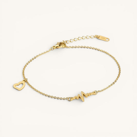TITLIYA gold-tone adjustable 2-in-1 bracelet and anklet featuring a heartbeat motif and a delicate open-heart charm.