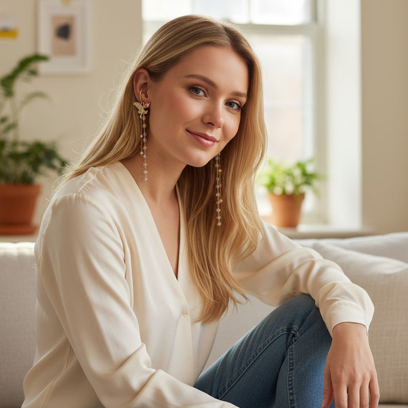 Long Tassel Butterfly Earrings  - Gold with Crystal & Pearl Beads