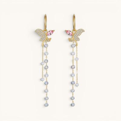 Long Tassel Butterfly Earrings  - Gold with Crystal & Pearl Beads