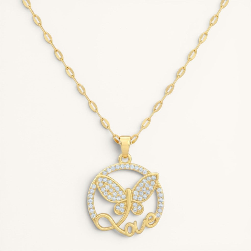 TITLIYA gold-tone stainless steel butterfly pendant necklace with crystal accents and Love script design.