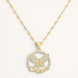 TITLIYA gold-tone stainless steel butterfly pendant necklace with crystal accents and Love script design.