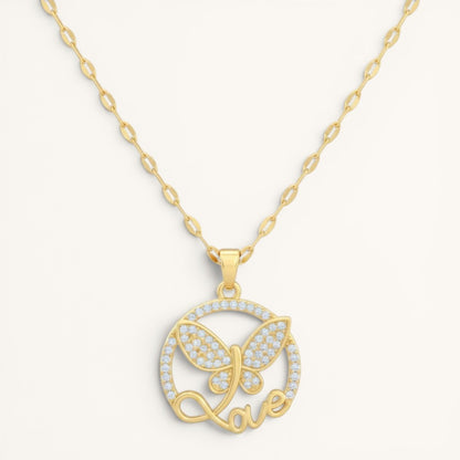 TITLIYA gold-tone stainless steel butterfly pendant necklace with crystal accents and Love script design.
