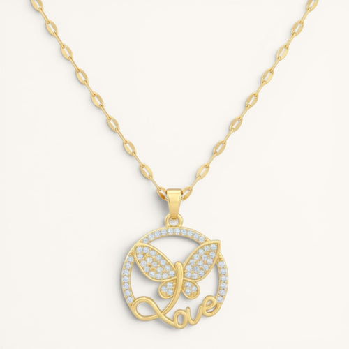TITLIYA gold-tone stainless steel butterfly pendant necklace with crystal accents and Love script design.