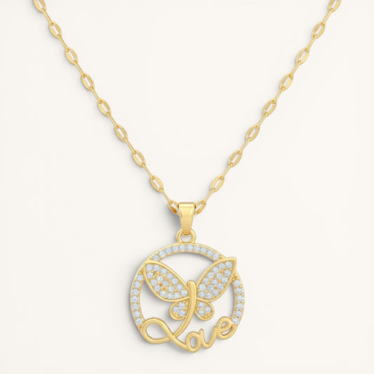 TITLIYA gold-tone stainless steel butterfly pendant necklace with crystal accents and Love script design.