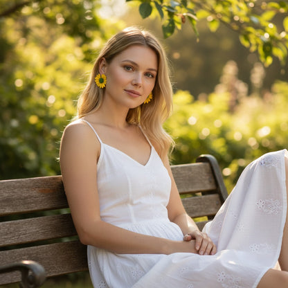 Woman wearing TITLIYA yellow mini flower Korean stud earrings while sitting on a wooden bench in a garden.