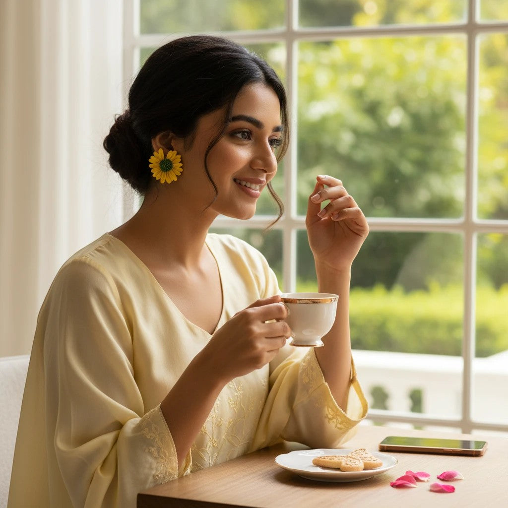 Woman wearing yellow flower stud earrings by TITLIYA while drinking tea in a bright, elegant setting.