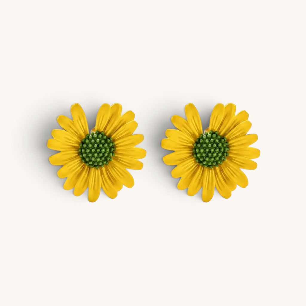 TITLIYA mini flower stud earrings featuring yellow petals and a textured green center for everyday elegance.