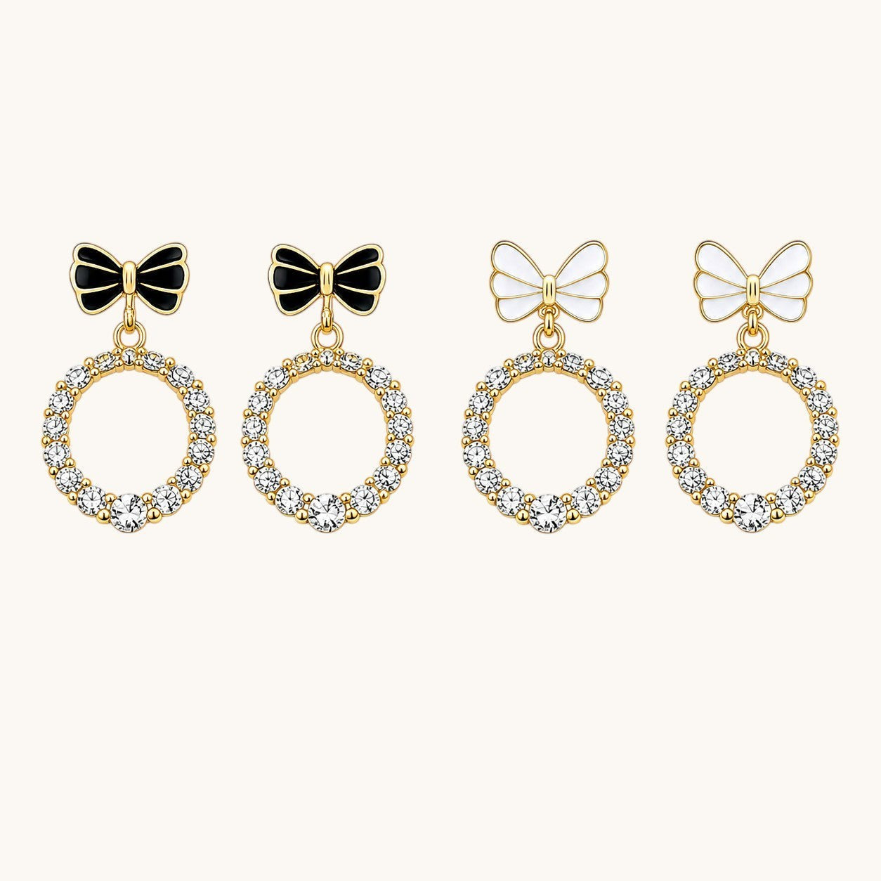 TITLIYA minimal bow earrings featuring gold-tone hoops with clear crystals and black or white enamel bow accents.