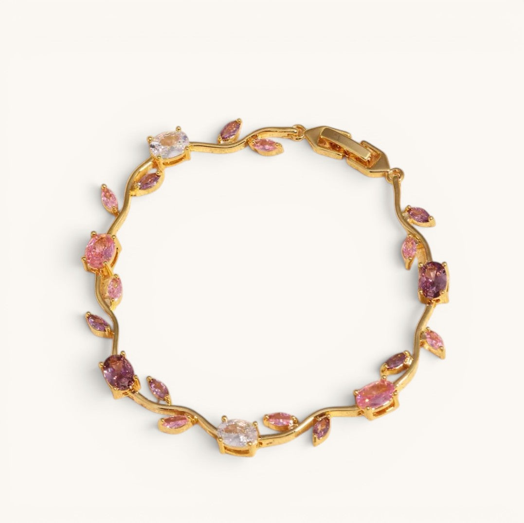 TITLIYA WPL Multicolour Tulip Bracelet with gold-tone vine chain and pink, purple, and clear crystal floral accents.