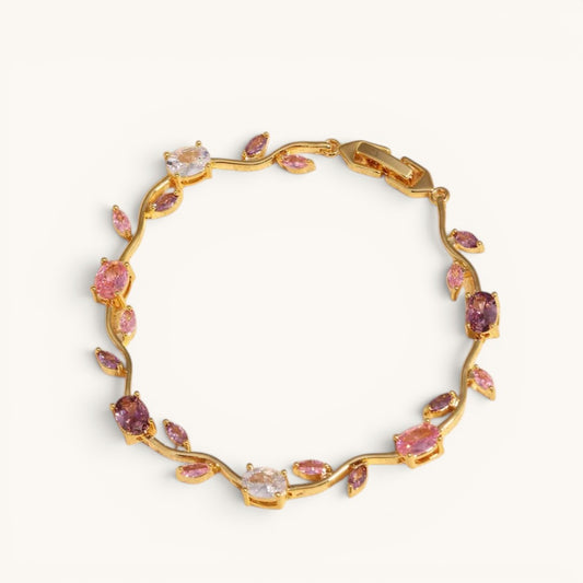 TITLIYA WPL Multicolour Tulip Bracelet with gold-tone vine chain and pink, purple, and clear crystal floral accents.