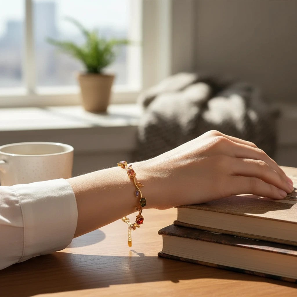 TITLIYA RGL multicolour tulip bracelet with gold-tone vine chain and crystal flowers on a woman's wrist by a window.
