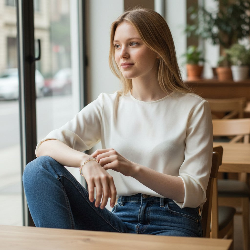 Woman wearing a TITLIYA multicolour tulip bracelet with a white top and jeans, sitting in a cafe.