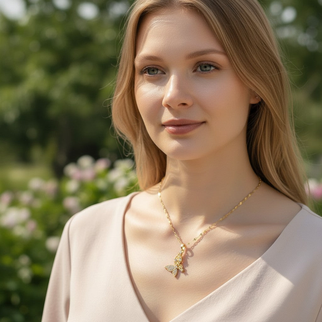 A blonde woman wearing a gold TITLIYA Papillon butterfly pendant necklace with delicate wing details outdoors.
