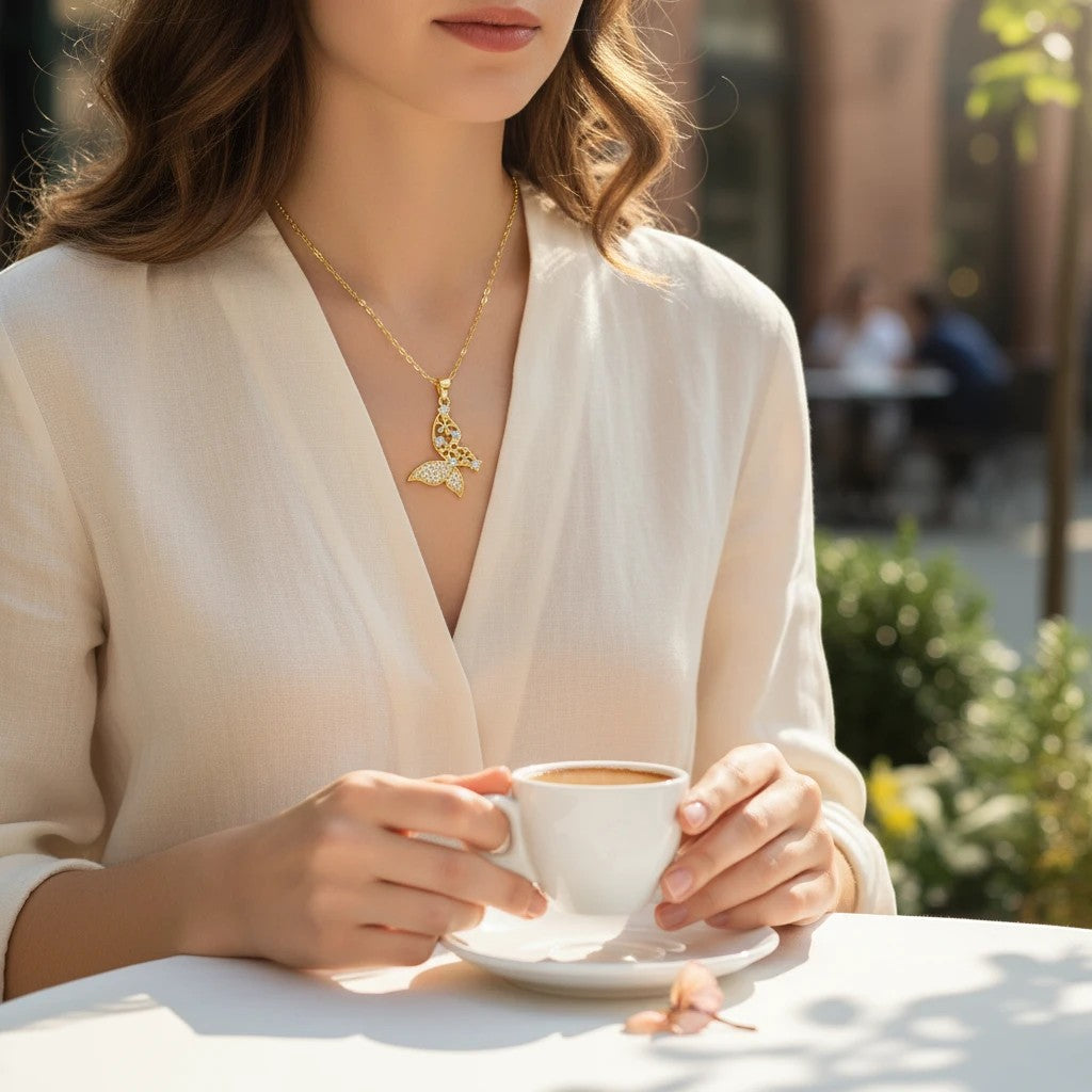 Woman wearing a gold TITLIYA Papillon butterfly pendant necklace while holding a coffee cup at an outdoor cafe.